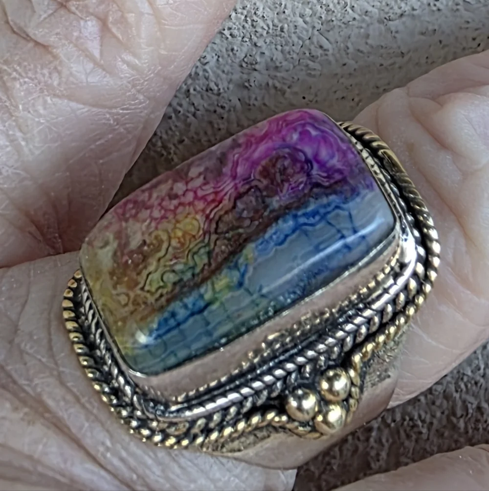 Crazy Lace Gemstone Ring in 925 Sterling Silver w/ Gold Vermeil Accents (7)